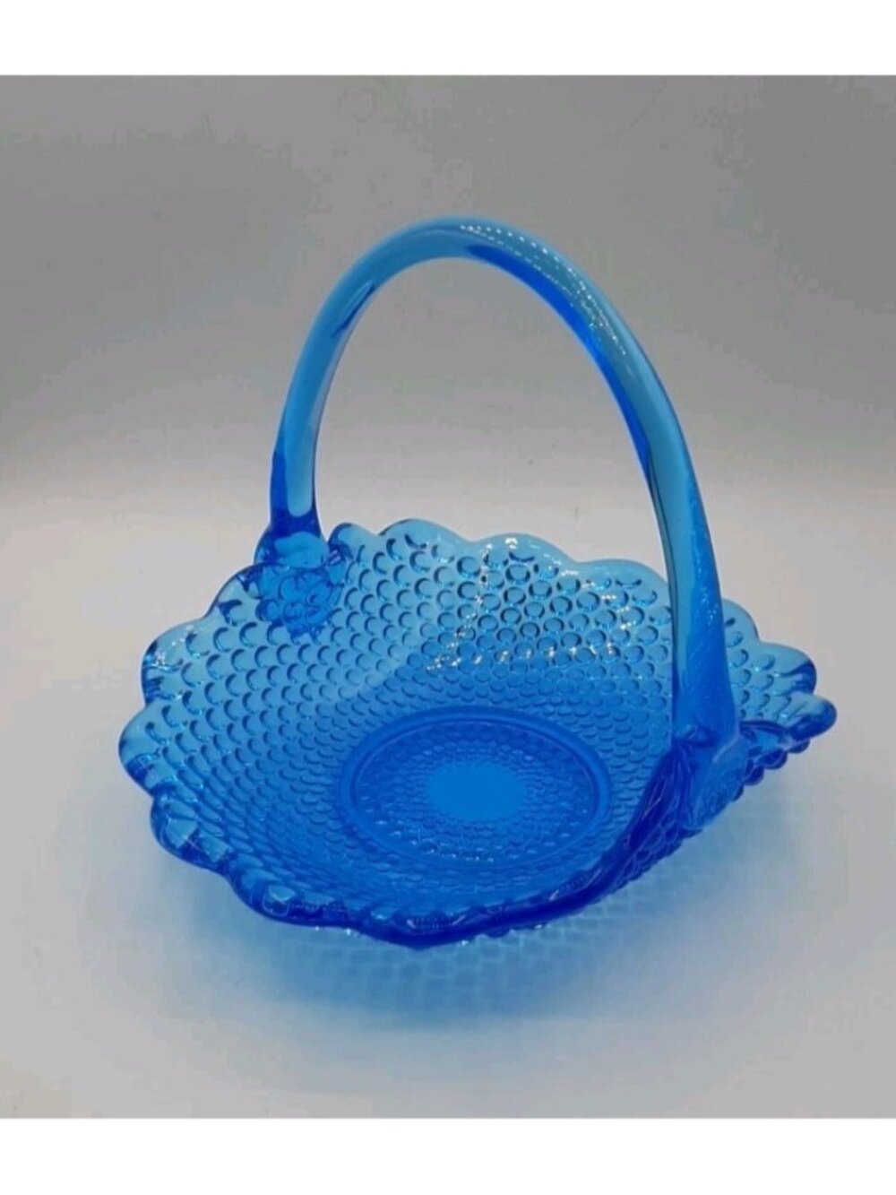 Vintage Colonial Blue Hobnail Glass Handled Basket Scalloped Edge 6 Inch Tall